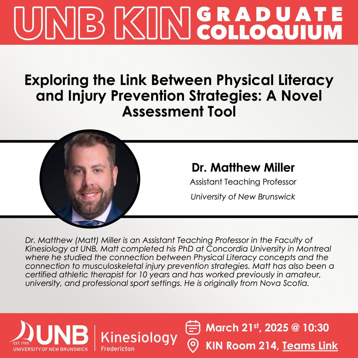 CELLAB (@unb_cellab) on Twitter photo Thanks to <a href="/DrMBMiller_AT/">Matthew B. Miller, PhD, CAT(C), CSCS</a> for his <a href="/KinUNB/">UNB Kinesiology</a> Colloquium presentation and engaging discussion on physical literacy! The students had a great time exploring its importance and applications in real life👏 #physicalliteracy #education #lifelongmovement #injuryprevention
<a href="/UNB_kinrss/">Recreation and Sport Studies</a> <a href="/UNB/">UNB</a> Thanks to <a href="/DrMBMiller_AT/">Matthew B. Miller, PhD, CAT(C), CSCS</a> for his <a href="/KinUNB/">UNB Kinesiology</a> Colloquium presentation and engaging discussion on physical literacy! The students had a great time exploring its importance and applications in real life👏 #physicalliteracy #education #lifelongmovement #injuryprevention
<a href="/UNB_kinrss/">Recreation and Sport Studies</a> <a href="/UNB/">UNB</a>
