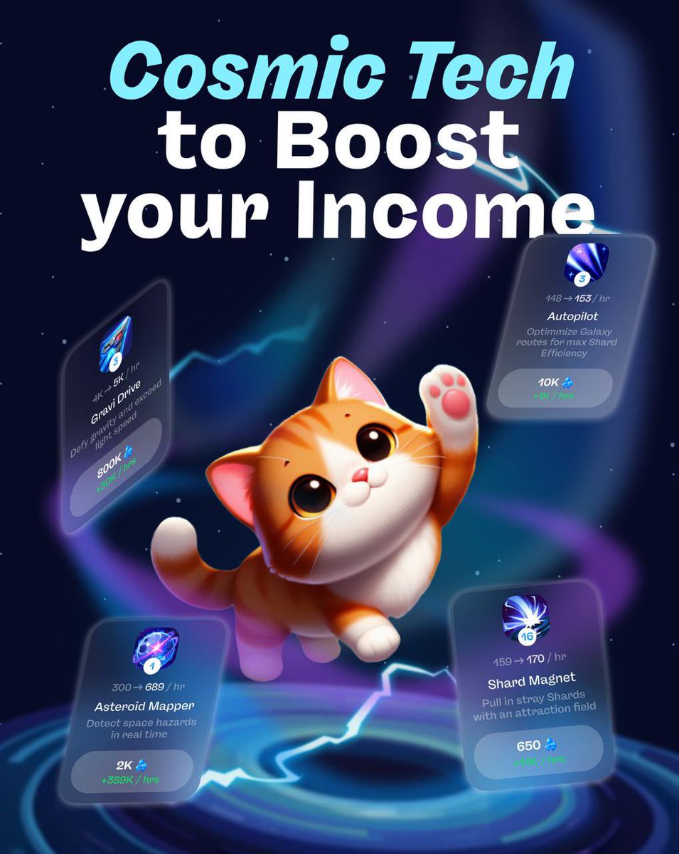 Catmoonity's tweet photo. CATMOONITY COSMIC CARDS🪐

These mysterious tech relics from deep space will supercharge your cat’s passive shard income 💎

Buy and collect cards, upgrade their levels, and watch your kitty rise to ✨cosmic greatness✨! 

And don’t forget to feed your cat, that’s how passive income works, crew 😼

🔗 https://t.co/RMuawmqKZt

#Catmoonity #MiniApp #TGApp #Telegram #CosmicGame #GameDev
