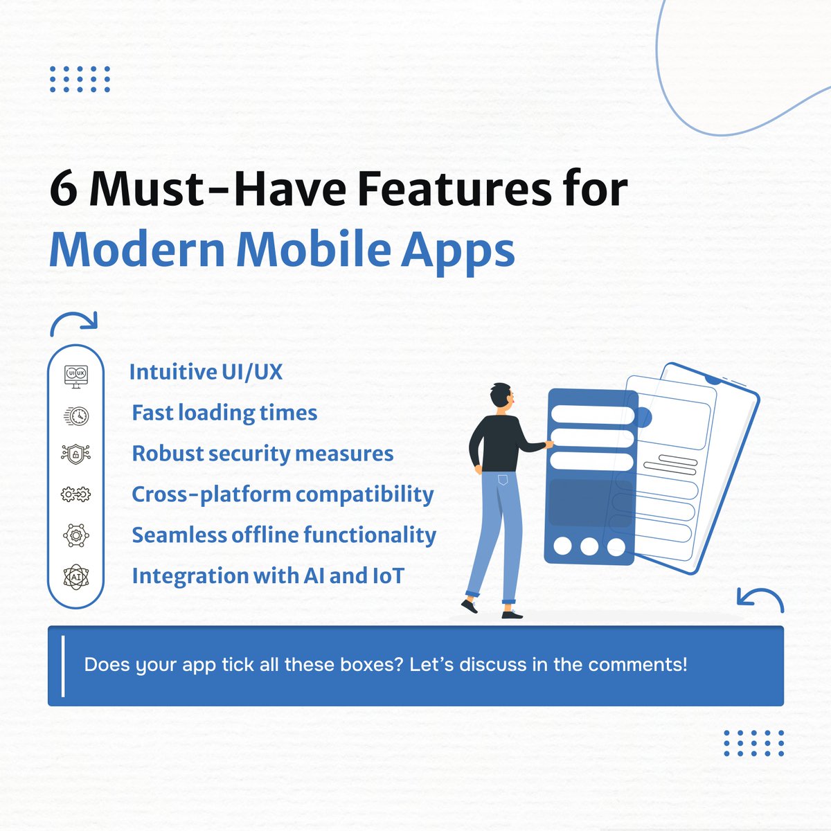 🚀 Is your app truly built for the future?

A great mobile app is more than just aesthetics—it’s about performance, security, and innovation. From AI-powered intelligence to seamless offline functionality, modern apps need these 6 must-have features to stay ahead!

💡 Which of
