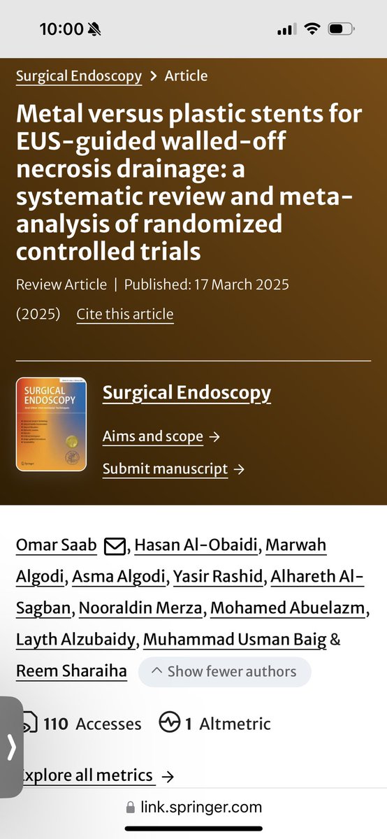 Omar Saab, MD (@omaralqaisy10) on Twitter photo Exciting news: our study titled: “Metal versus plastic stents for EUS-guided walled-off necrosis drainage: a systematic review and meta-analysis of randomized controlled trials” was published today at the Surgical Endoscopy Journal.
Thank you <a href="/ReemSharaiha/">Reem Sharaiha, MD MS</a> for your guidance. Exciting news: our study titled: “Metal versus plastic stents for EUS-guided walled-off necrosis drainage: a systematic review and meta-analysis of randomized controlled trials” was published today at the Surgical Endoscopy Journal.
Thank you <a href="/ReemSharaiha/">Reem Sharaiha, MD MS</a> for your guidance.