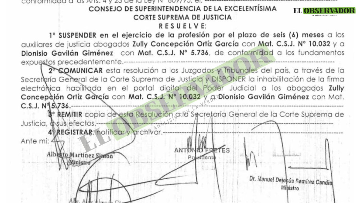 🟩El Consejo de Superintendencia de la Corte, sancionó a la abogada Zully Ortiz García y a su colega Dionicio Gavilán por seis meses, luego de ser procesados en dos causas por estafa a docentes en 2015. “Han generado perjuicio a la sociedad y en especial a la imagen y decoro de