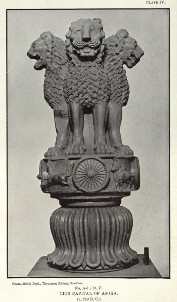 Nalanda_index's tweet image. The Lion Capital of Ashoka is the capital of a column erected by the Mauryan emperor Ashoka in Sarnath 250 BCE. Its  features are 4 life-sized lions set back to back on a drum-shaped abacus.4animals,a lion, an elephant, a bull, and a galloping horse follow each from right to left