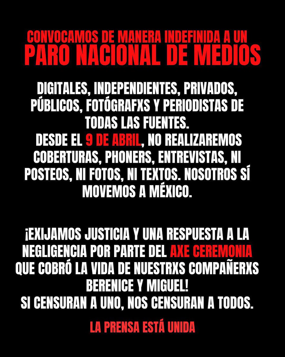sopitasfm's tweet image. 🎙️ Tras lo ocurrido el 5 de abril en el Festival AXE Ceremonia, varios medios convocan a un #ParoNacionalDeMedios para exigir justicia por la muerte de Berenice y Miguel Ángel, colegas que perdieron la vida.

#ElShowNoDebioContinuar #JusticiaParaBereyMiguel