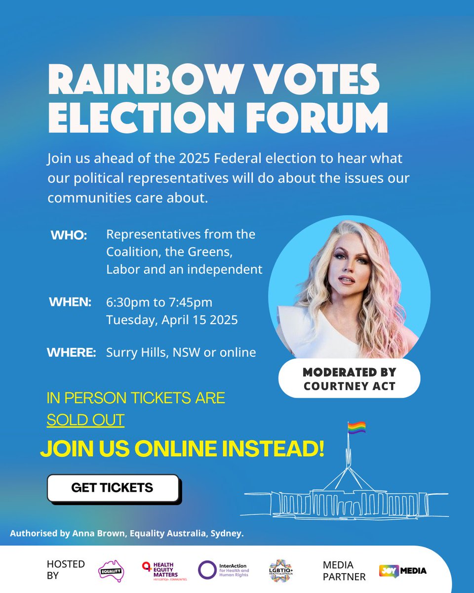 This will be a great event- <a href="/SatMagJOY949/">Saturday Magazine</a> on @joy949 will rebradcast this on Saturday 19 April. <a href="/EqualityAu/">Equality Australia 🌈</a>