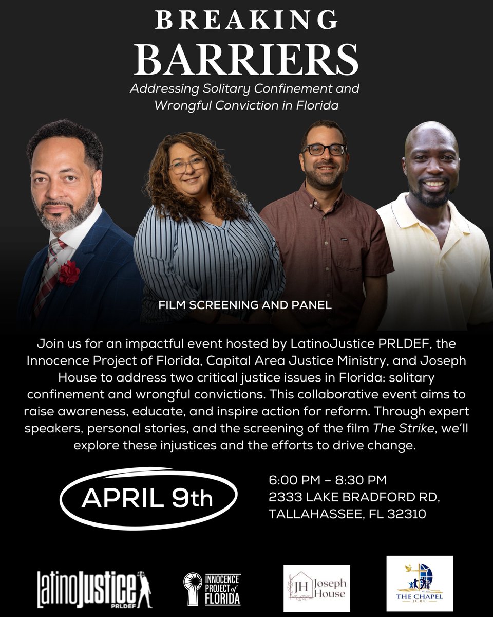 📢Get ready for an unforgettable and powerful event on April 9th! 

Join us for an eye-opening gathering focused on two critical justice issues in Florida: solitary confinement and wrongful convictions. 

📍April 9 at 6:00 PM @ Jacob Chapel – 2333 Lake Bradford Rd.