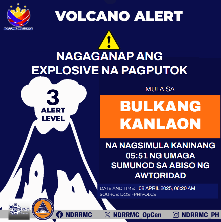 NDRRMC_OpCen's tweet image. Maging Alerto, mga lalawigan ng Negros Occidental at Negros Oriental!

NDRRMC (06:20 AM, 8Apr25) Nagaganap ang explosive na pagputok sa Bulkang Kanlaon na nagsimula kaninang 05:51 ng umaga. Sumunod sa abiso ng awtoridad.

#Kanlaon
#NDRRMC
#BawatSegundoMahalaga