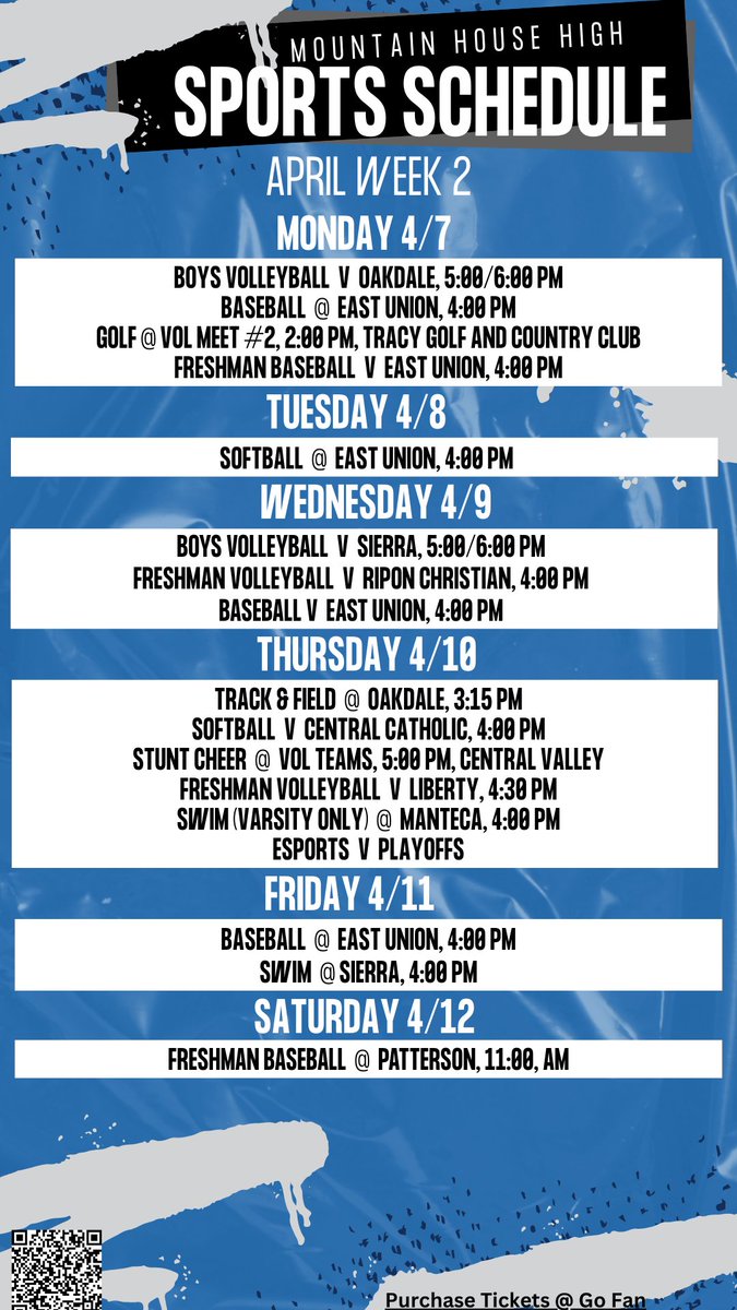 Mountain House High (@mhhsmustangs) on Twitter photo MHHS Spring Sports Update "Week of April 7th-12th" Tickets and passes can be purchased at GoFan: gofan.co/app/school/CA6…
Q's contact: rnunn@lammersvilleusd.net MHHS Spring Sports Update "Week of April 7th-12th" Tickets and passes can be purchased at GoFan: gofan.co/app/school/CA6…
Q's contact: rnunn@lammersvilleusd.net