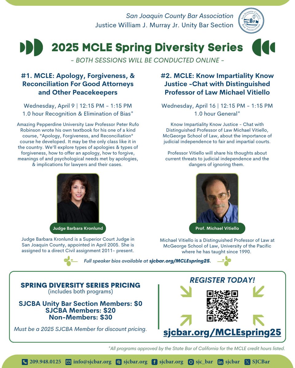 Spring into Learning with Our 2025 MCLE Diversity Series! Join #SJCBA online for two powerful sessions on bias, justice, and reconciliation.

Details &amp; Registration at sjcbar.org/MCLEspring25

#SJCBAR #MCLE #DiversityInLaw #UnityBar #LegalEducation