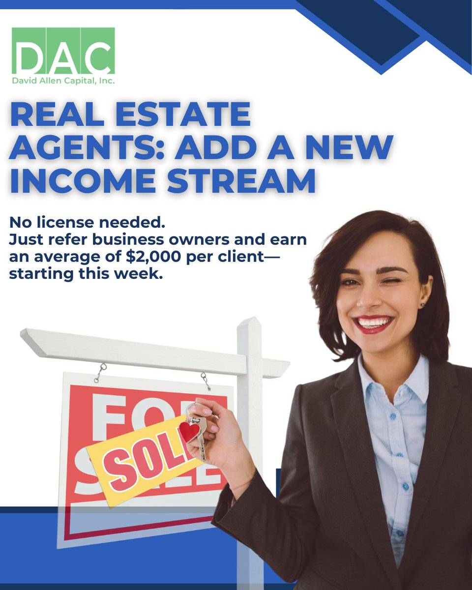 DavidAllenCap's tweet image. 🏡 Real Estate Agents: Add a new income stream—no license, no selling.

Refer biz owners to our funding platform. Avg $2K commission 💸
✔ 80% approved
✔ Paid next day
✔ Free to join

DM or comment “REAL” to start today.