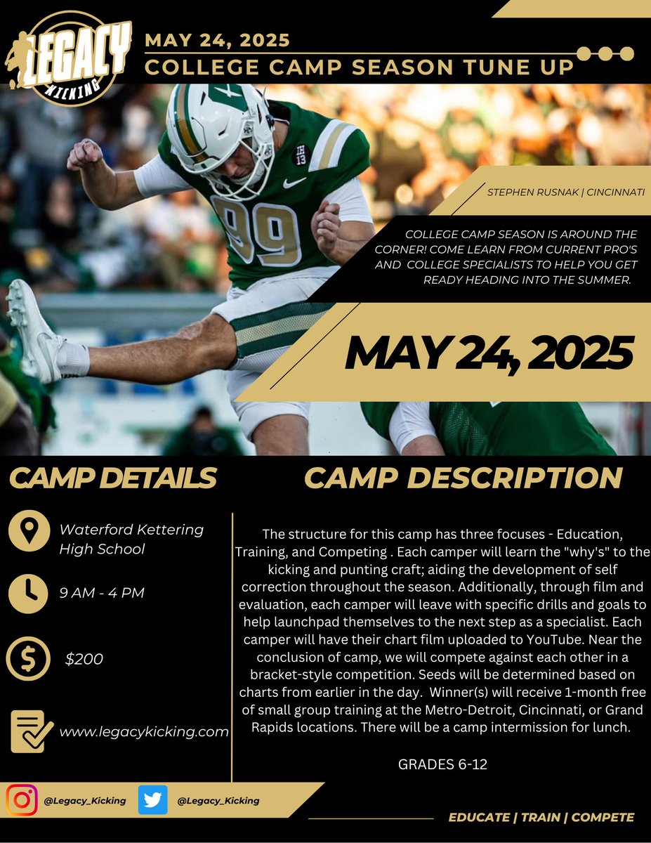 Legacy Kicking (@legacy_kicking) on Twitter photo 🚨 𝐂𝐨𝐥𝐥𝐞𝐠𝐞 𝐓𝐮𝐧𝐞 𝐔𝐩 𝐂𝐚𝐦𝐩 🚨
College camps are around the corner — come learn, train, and compete with us as you gear up to earn that scholarship this summer!
To register, please DM us or email us, contactlegacykicking@gmail.com 🚨 𝐂𝐨𝐥𝐥𝐞𝐠𝐞 𝐓𝐮𝐧𝐞 𝐔𝐩 𝐂𝐚𝐦𝐩 🚨
College camps are around the corner — come learn, train, and compete with us as you gear up to earn that scholarship this summer!
To register, please DM us or email us, contactlegacykicking@gmail.com
