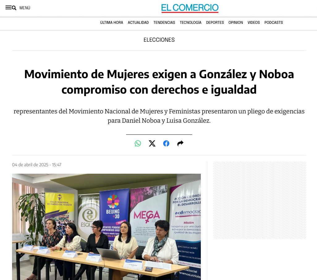 ACDemocraciaEc's tweet photo. "No hay democracia en un país donde matan a las mujeres. Esta es la postura clara del Mov. de Mujeres para exigir a @DanielNoboaOk y @LuisaGonzalezEc un compromiso real con la igualdad de género." Lee @elcomerciocom aquí:
https://t.co/bDSICiCBKl...
#UnidasPorNuestrosDerechos https://t.co/3IUFXEANwv