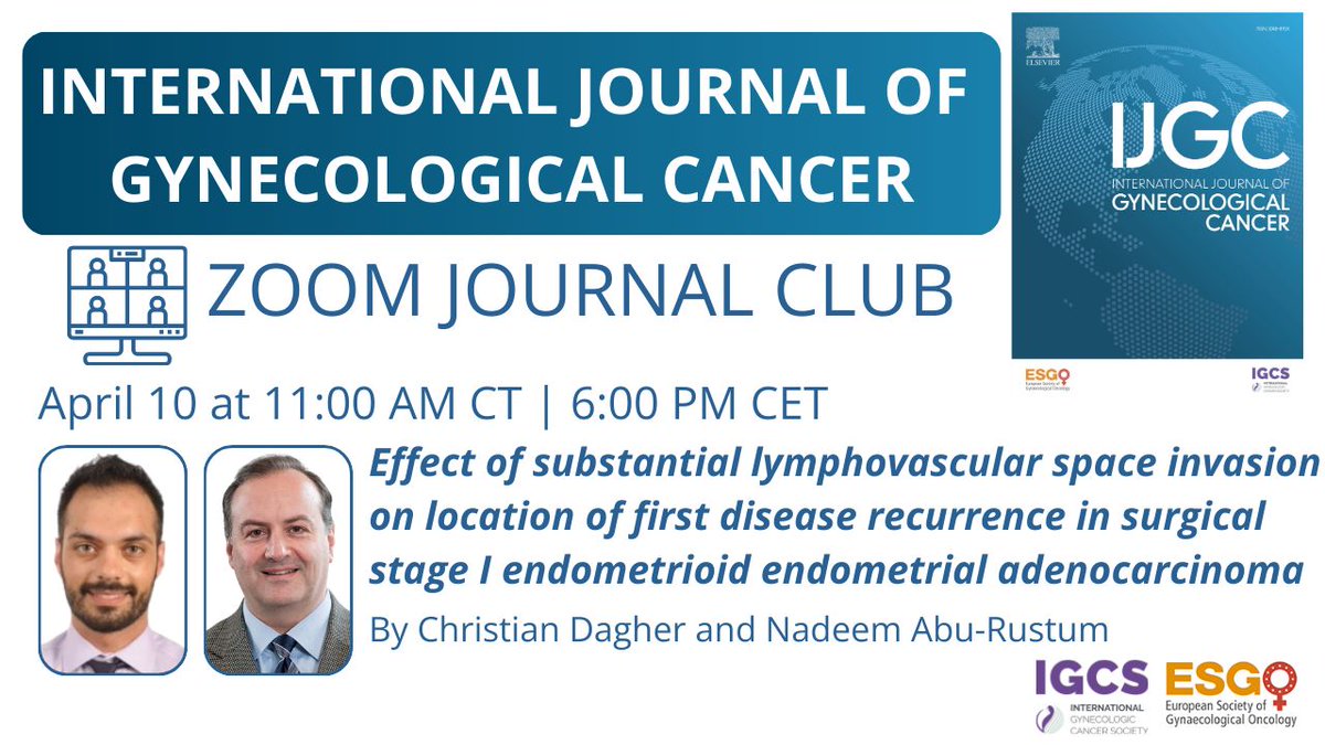IJGC (@ijgconline) on Twitter photo Join us #IJGCclub
π10/04/2025
β°11am CST/6pm CET
Mark your calendars π
for an exciting #IJGCclub π₯
Effect of substantial #LVSI on location of 1οΈβ£st disease recurrence in surgical st-I endometrioid #endometrialadenocarcinoma with <a href="/ChrisDagherMD/">Christian Dagher</a> and <a href="/aburustummd/">Nadeem R. Abu-Rustum</a>
π» Join us #IJGCclub
π10/04/2025
β°11am CST/6pm CET
Mark your calendars π
for an exciting #IJGCclub π₯
Effect of substantial #LVSI on location of 1οΈβ£st disease recurrence in surgical st-I endometrioid #endometrialadenocarcinoma with <a href="/ChrisDagherMD/">Christian Dagher</a> and <a href="/aburustummd/">Nadeem R. Abu-Rustum</a>
π»