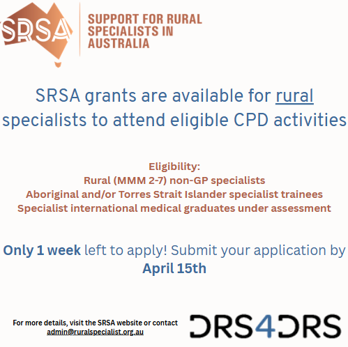 Only 1 week to go! 📷
Take this opportunity and submit your application for SRSA grants by April 15th.

Find out more ruralspecialist.org.au/grants/