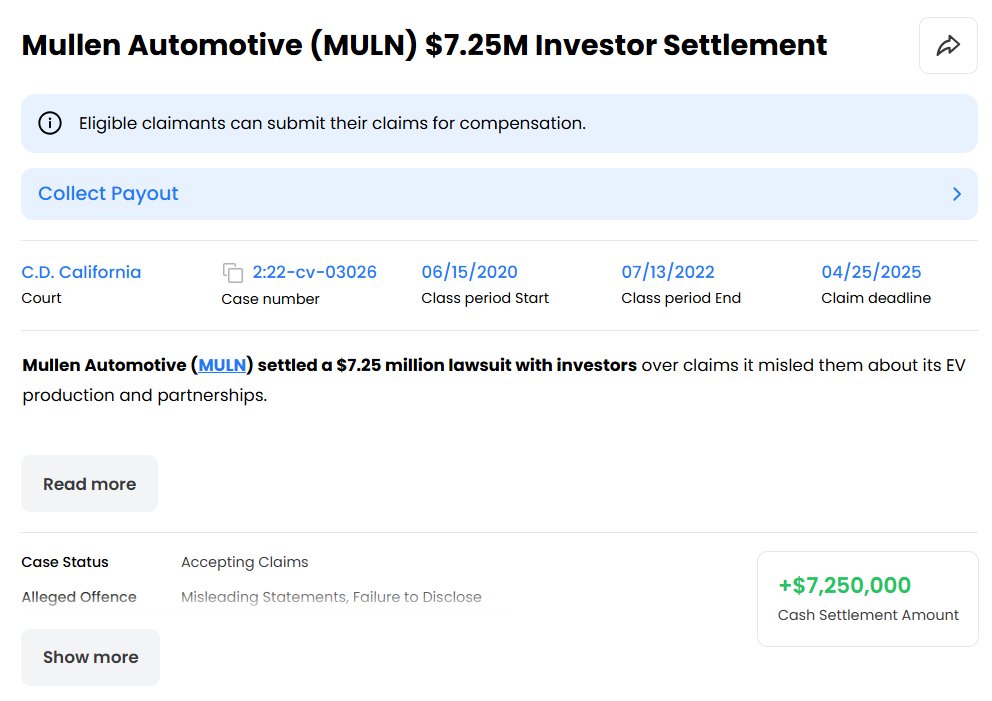 11thestate's tweet image. Don't forget that if you held $MULN, there’s a significant settlement you can also claim.

Consider it the dividend #Mullen never paid. #MULN #MullenAutomotive