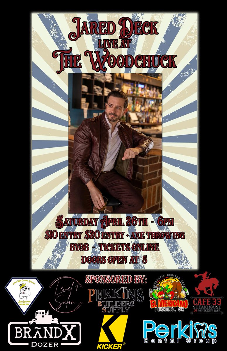 Coming to #Stillwater on April 27! Jared Deck solo at <a href="/thewoodchuckok/">The Woodchuck</a>! #byob Doors at 5pm, show at 6pm. Come for the axe throwing, stay for the vox slaying! #stillwaterok #gopokes #perkinsok #paynecounty #cushingok #viidr #jareddeckmusic #jareddeck