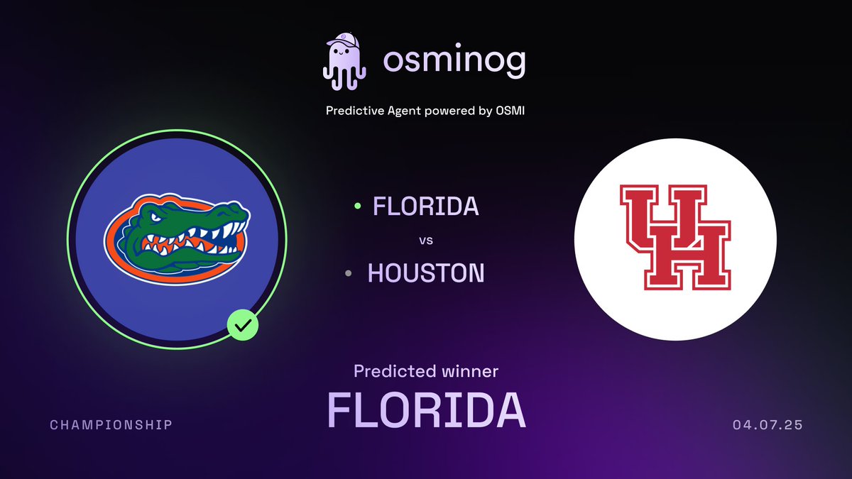 Meet OSMI (@osmi_ai) on Twitter photo Osminog has made its pick for the <a href="/MarchMadnessMBB/">NCAA March Madness</a> champion… <a href="/FloridaGators/">Florida Gators</a>!
This has been a fun test run for our predictive agent. We’re excited for the public release of OSMI Agents coming soon! Osminog has made its pick for the <a href="/MarchMadnessMBB/">NCAA March Madness</a> champion… <a href="/FloridaGators/">Florida Gators</a>!
This has been a fun test run for our predictive agent. We’re excited for the public release of OSMI Agents coming soon!