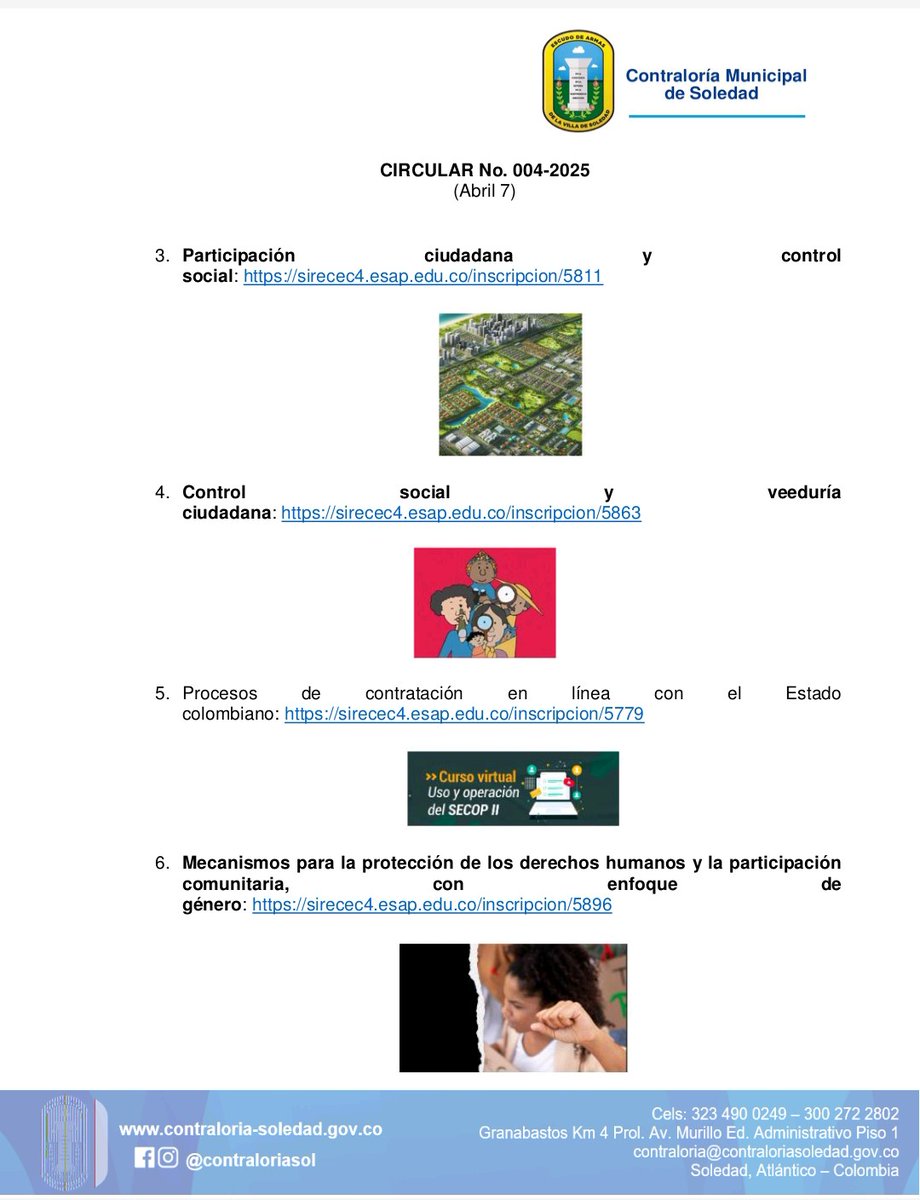Contraloriasol's tweet photo. CIRCULAR No. 004-2025 (Abril 7)

PARA: Líderes, veedores y actores sociales del Municipio de Soledad.

DE: Contraloría Municipal de Soledad.

ASUNTO: Invitación a Inscribirse en las Ofertas de formación virtual de autoformación. https://t.co/BbK6Bz2PN5