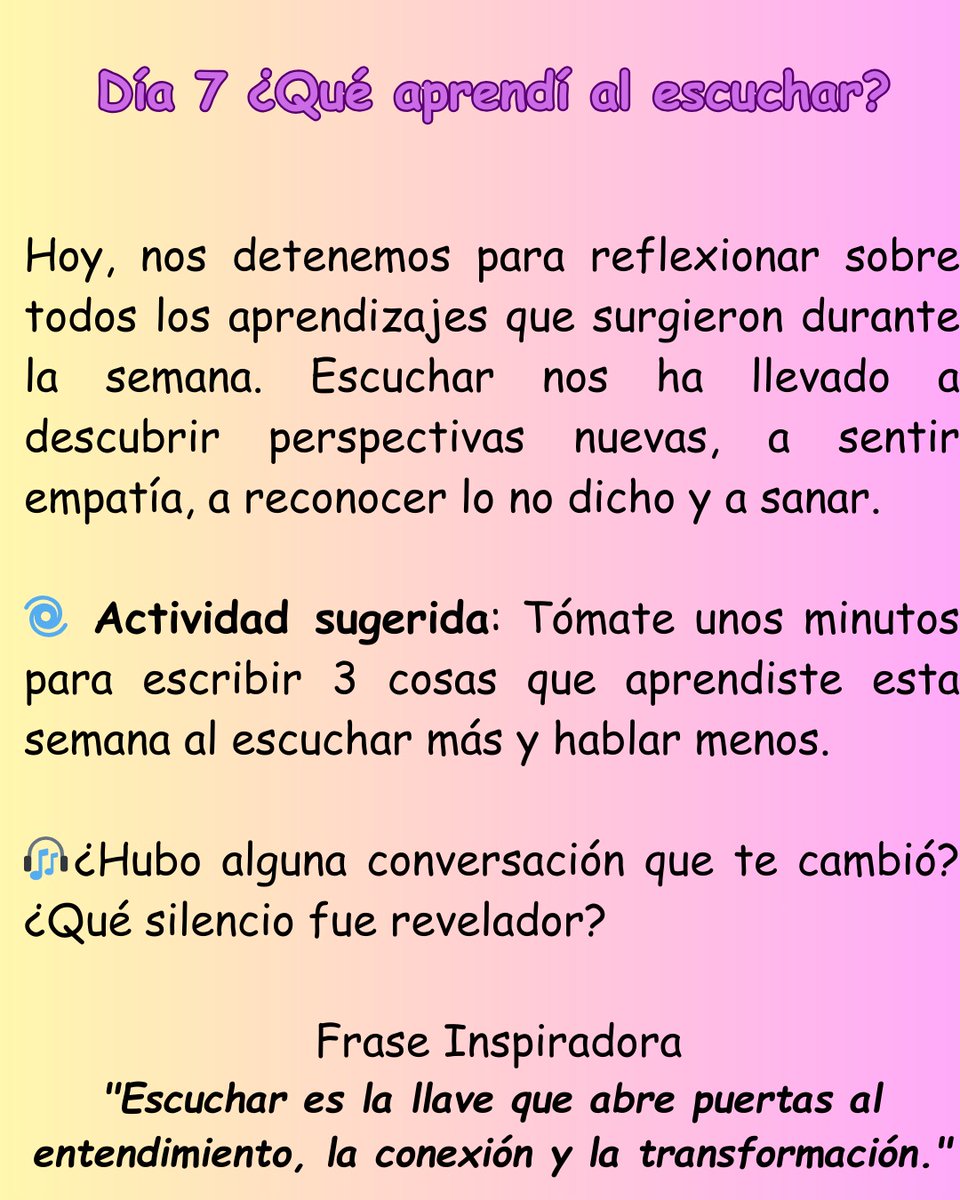 ✨🎧 ¿Qué he aprendido al escuchar durante esta semana?
Escuchar no solo abre puertas al entendimiento, también nos permite sanar y conectar profundamente. Cada historia, cada silencio y cada enseñanza resuena en nosotros de maneras únicas.🌟💬 ¿Y tú? #quibdoenterapia #sanar