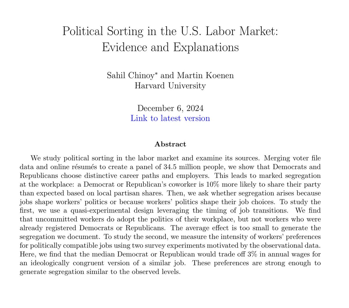 John B. Holbein (@johnholbein1) on Twitter photo Source: "Political Sorting in the U.S. Labor Market: Evidence and Explanations"
Link: sahilchinoy.com/research/polit…
Authors: <a href="/sahilchinoy/">Sahil Chinoy</a> and Martin Koenen Source: "Political Sorting in the U.S. Labor Market: Evidence and Explanations"
Link: sahilchinoy.com/research/polit…
Authors: <a href="/sahilchinoy/">Sahil Chinoy</a> and Martin Koenen