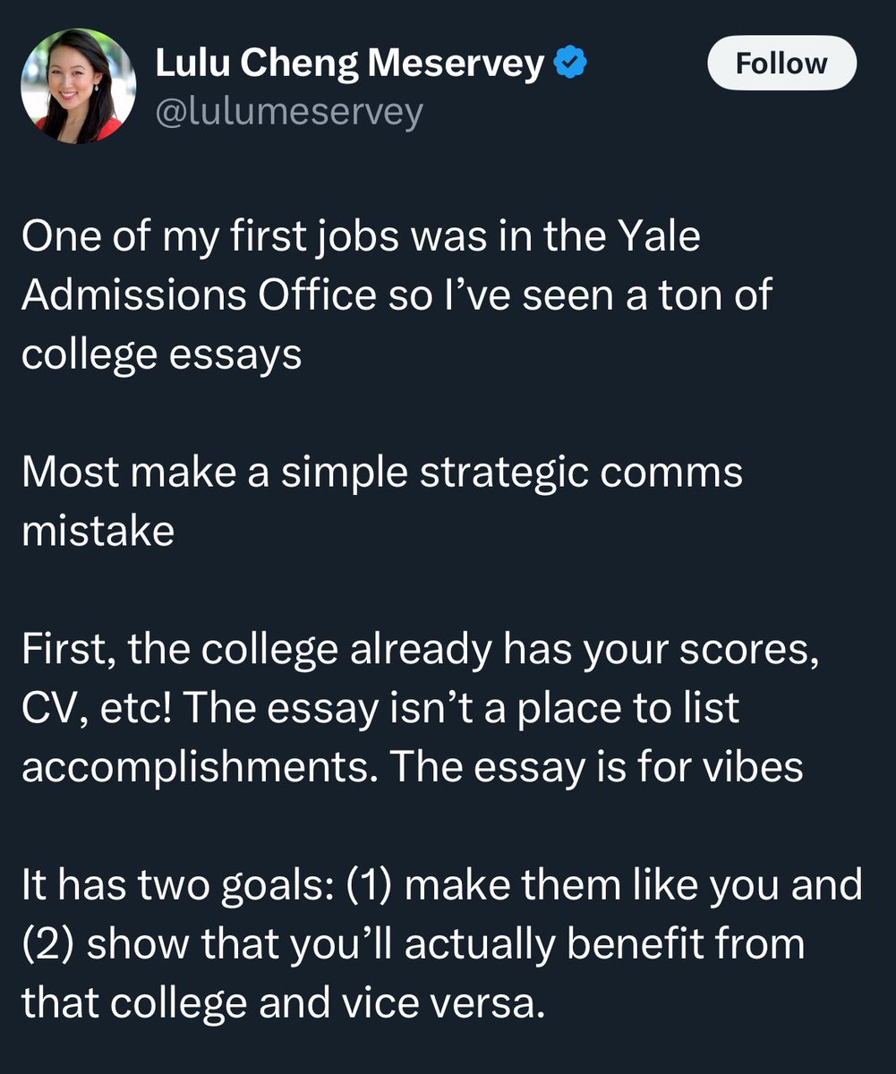College admissions: Write tear-jerking essays about solving world hunger or curing cancer ("for vibes").

Same students, junior year: Elbowing each other at Goldman Sachs/McKinsey recruiting.

The alchemy of elite education: transforming performative empathy into personal