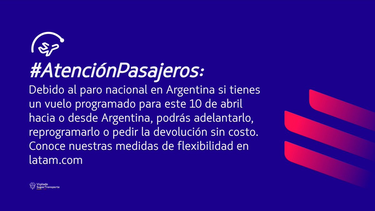#AtenciónPasajeros: Debido al paro nacional anunciado para este 10 de abril en Argentina. Estaremos entregando alternativas para nuestros pasajeros con vuelos cancelados y/o reprogramados.
Conoce más información acá: lnk.to/cxgpqV