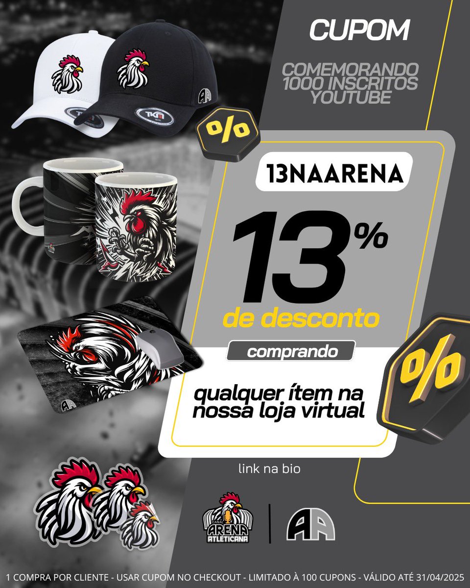 ArenaAtleticana's tweet photo. 🚨 *DEU A LOUCA NA ARENA!* 🚨

Batemos *1000 inscritos* no YouTube e, pra comemorar com a Massa, lançamos o cupom de desconto: **13NAARENA** 🎉

💥 *13% de desconto em TODOS os produtos da nossa loja!*  
🛒 _1 compra por cliente_  
⚠️ *Use o cupom no checkout!* https://t.co/H1eksRPgs0