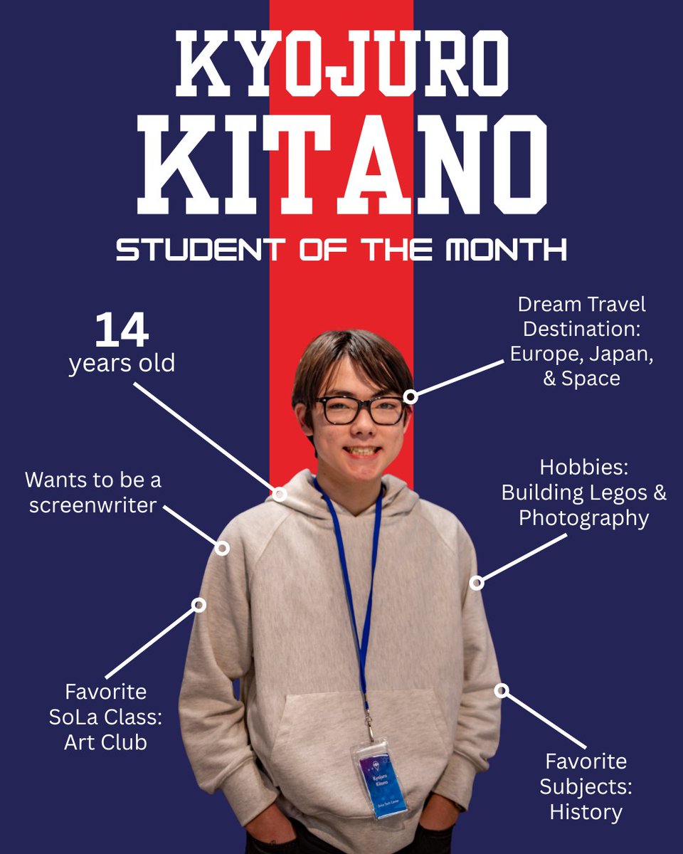 We’re thrilled to celebrate Kyojuro as March's Jr. Scholar of the Month! 🙌

A true shining star, Kyojuro has consistently brought enthusiasm, creativity, and a positive spirit to all his classes: Imagination Station, Guitar Heroes, and Art Club. Keep shining, Kyojuro! 🧑‍🎨🌟