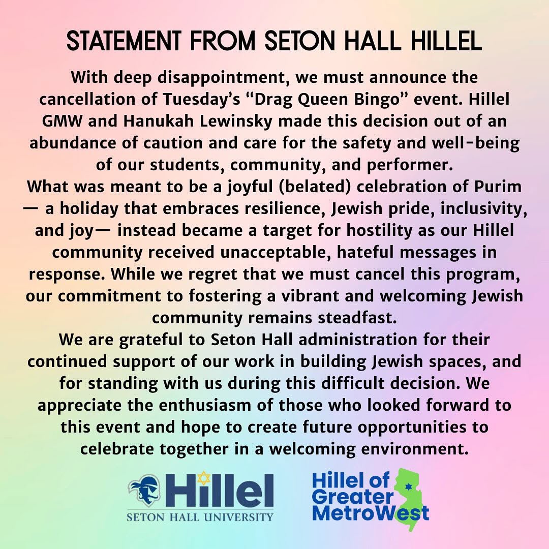 AFpost's tweet photo. Jewish students have been forced to cancel their Seton Hall University “Drag Queen Bingo” event after outrage from Catholics.

Follow: @AFpost https://t.co/OAIUML5ijx