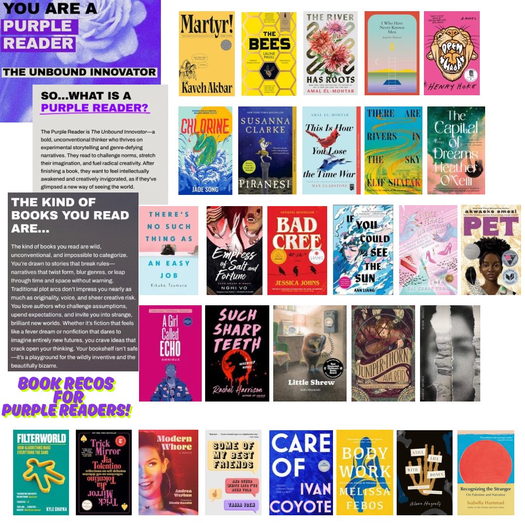 Purple Readers!! I have some book recommendations for us that I think (hope) fit the vibe! 

💜🍆👿😈👾🍇☂️💟👩🏾‍🎤🟪🟣🪻🧕🏾🪁🧞🍠🙅🏾‍♀️