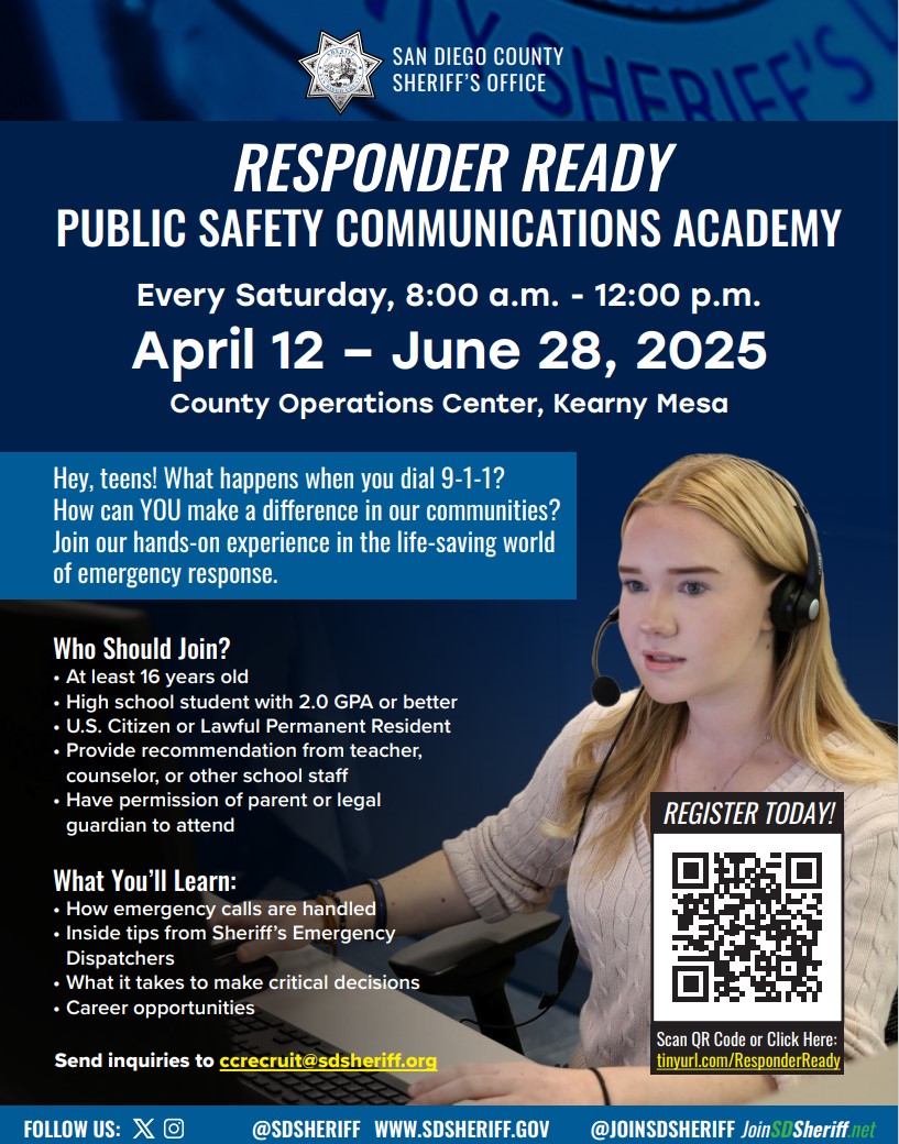 San Diego Sheriff (@sdsheriff) on Twitter photo Are you a high school student, at least 16 years old and interested in a career as an emergency services dispatcher? <a href="/SDSheriff/">San Diego Sheriff</a> is hosting a FREE Responder Ready: Public Safety Communications Academy. It takes place Saturdays from April 12 through June 28. For more information, Are you a high school student, at least 16 years old and interested in a career as an emergency services dispatcher? <a href="/SDSheriff/">San Diego Sheriff</a> is hosting a FREE Responder Ready: Public Safety Communications Academy. It takes place Saturdays from April 12 through June 28. For more information,