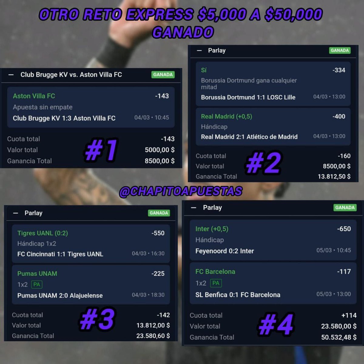 ChapitoApuestas's tweet image. 🚨 | En lo que va del Año, mi Ganancia Neta solamente en RETOS es de $450,000 pesos.

Muchos no entienden y al parecer ni entenderán, que los Retos no se deben de ganar todos para poder tener Utilidad.

La gran ventaja de mis Retos es que si Ganas uno, te da un colchón grandísimo…