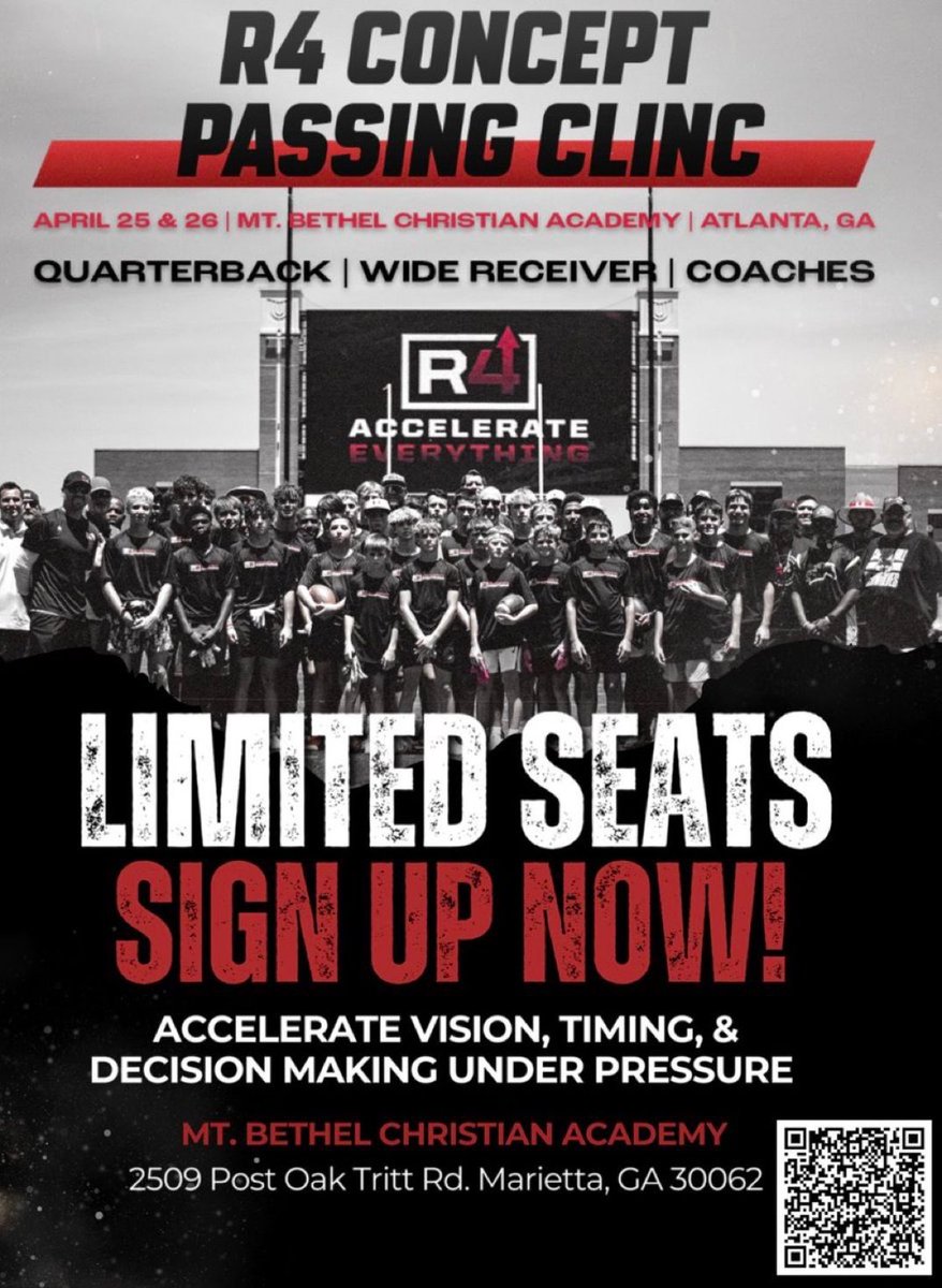 🚨 Coaches, QBs &amp; WRs—don’t miss your chance to master manipulating space &amp; time at the R4 Concept Passing Clinic in Atlanta! 

📍 Atlanta, GA – April 25-26, 2025
📍 Mount Bethel Christian Academy