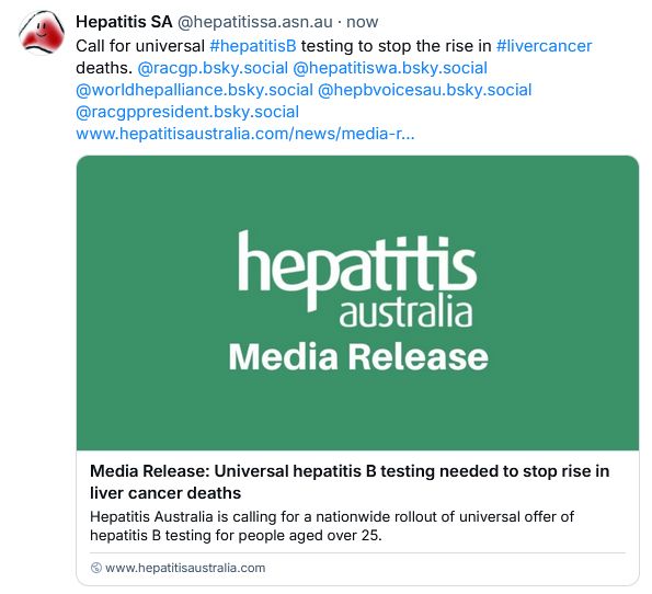 bsky.app/profile/hepati… 
<a href="/HepBFoundation/">Hep B Foundation</a> <a href="/CancerCouncilSA/">Cancer Council SA</a> <a href="/CancerCouncilOz/">CancerCouncilOz</a>