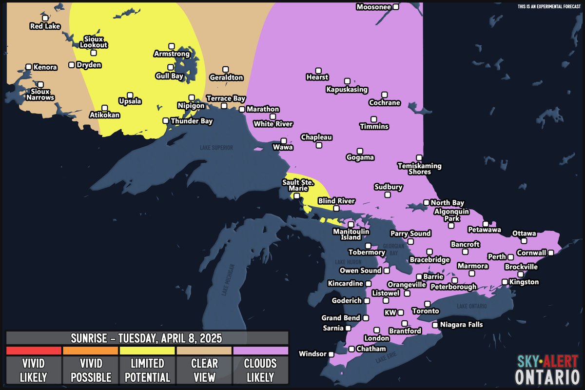 SkyAlertOntario's tweet photo. SUNRISE FORECAST | April 8, 2025 

This forecast is designed for photographers. Follow Sky Alert Ontario on Facebook for detailed forecasts! 

#sunriseforecast #sunsetforecast #skywacther #sunriselovers #sunsetlovers #landscapephotography #ontariophotography #weatherforecast https://t.co/hVrGjJeUkE
