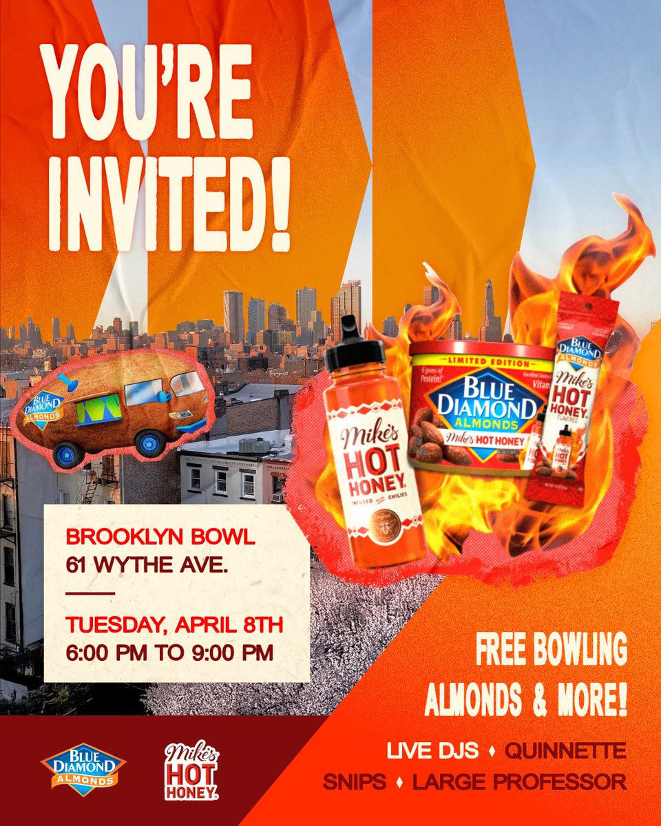 If you're in Brooklyn, come hang out with us tomorrow at our Blue Diamond x Mike's Hot Honey launch event at Brooklyn Bowl!