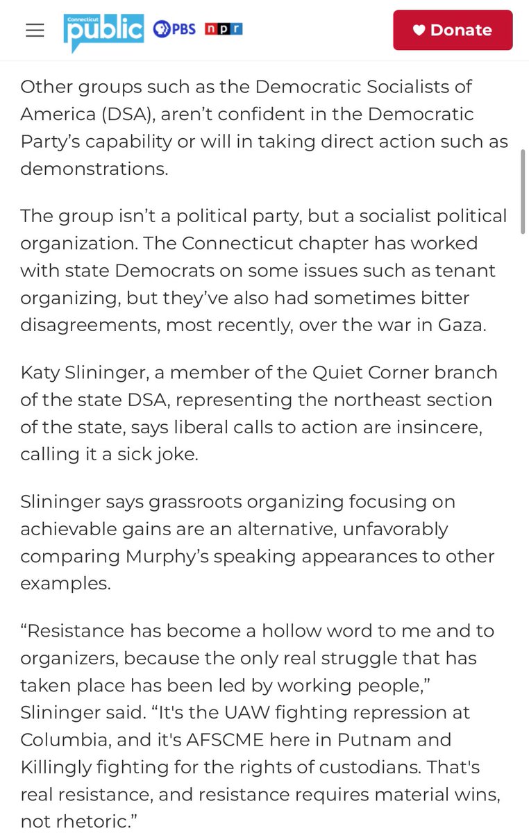 ConnecticutDSA's tweet photo. HOT OFF THE PRESS: Connecticut NPR interviewed CT DSA members about the Democratic Party’s “resistance” to Trump’s far-right assault, and what socialists think is the task of the moment.

“Resistance requires material wins, not rhetoric." https://t.co/u3u302z67i