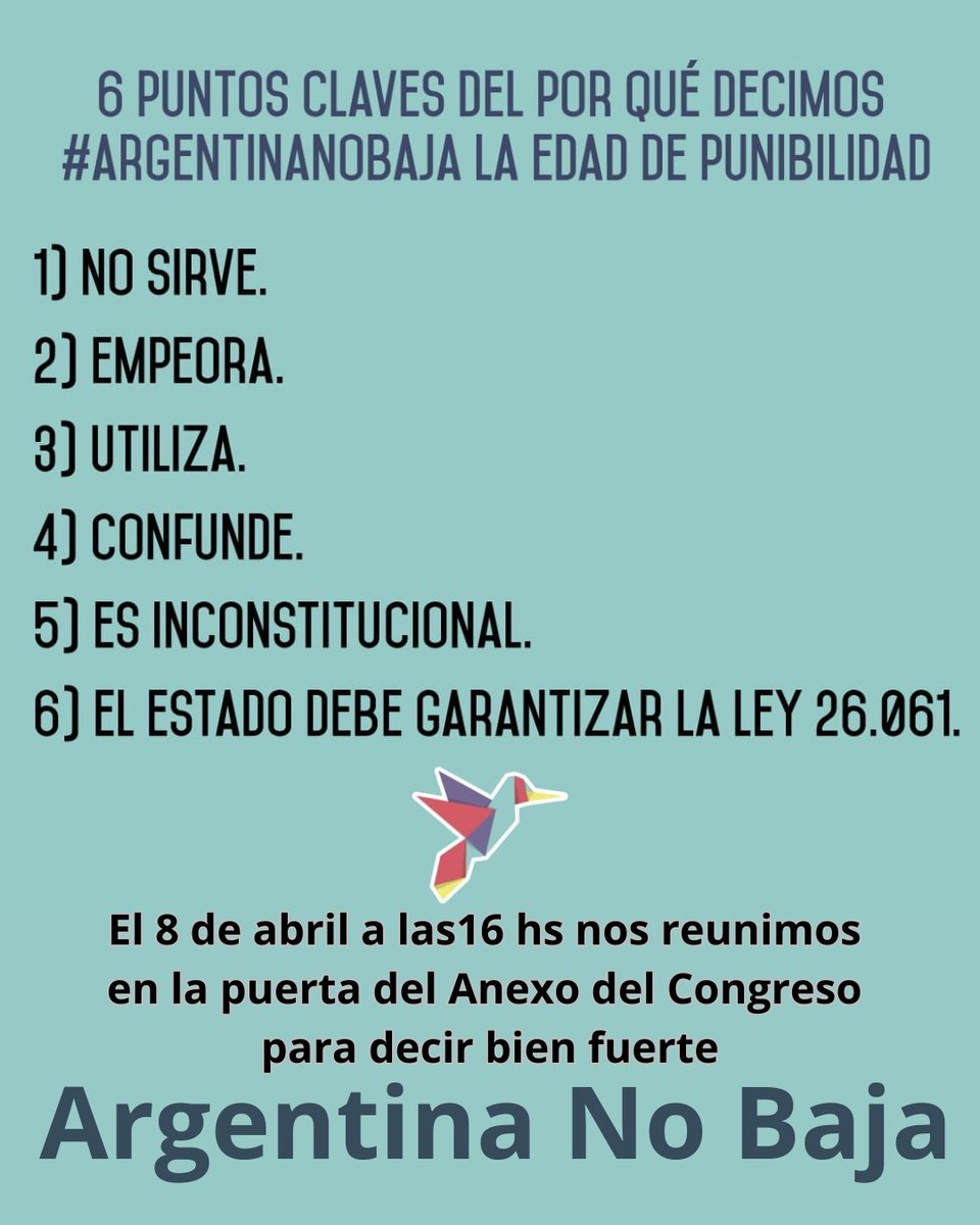 El martes 8 de abril nos volvemos a reunir en la puerta del anexo del Congreso, junto con las organizaciones de la mesa de articulación para decir bien fuerte
#ArgentinaNoBaja
#NoALaBaja

facebook.com/share/1HAb4RCX…