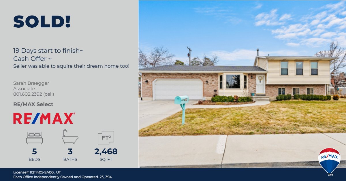 SarahBraegger's tweet photo. Want to know what is happening in Utah's real estate market? Here you go: 
- helped a Seller sell to a CASH buyer
- found them their dream home and won the bidding war, even though we had to complete their sale first 
-helped the Client close on both transactions, move out, and move in all in the same week
- Start to finish? 22 Days total