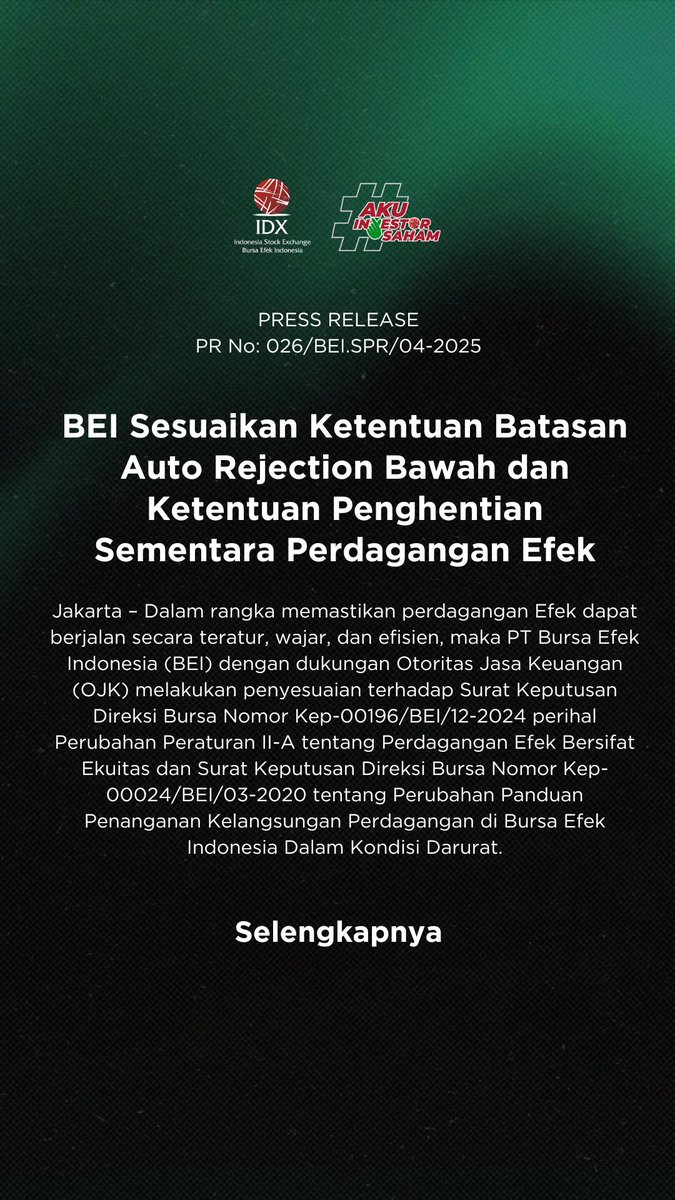 IDX_BEI's tweet photo. PRESS RELEASE

BEI Sesuaikan Ketentuan Batasan Auto Rejection Bawah dan Ketentuan Penghentian Sementara Perdagangan Efek

Selengkapnya: https://t.co/VavOxRGc16 https://t.co/bnfcfZ3XxR