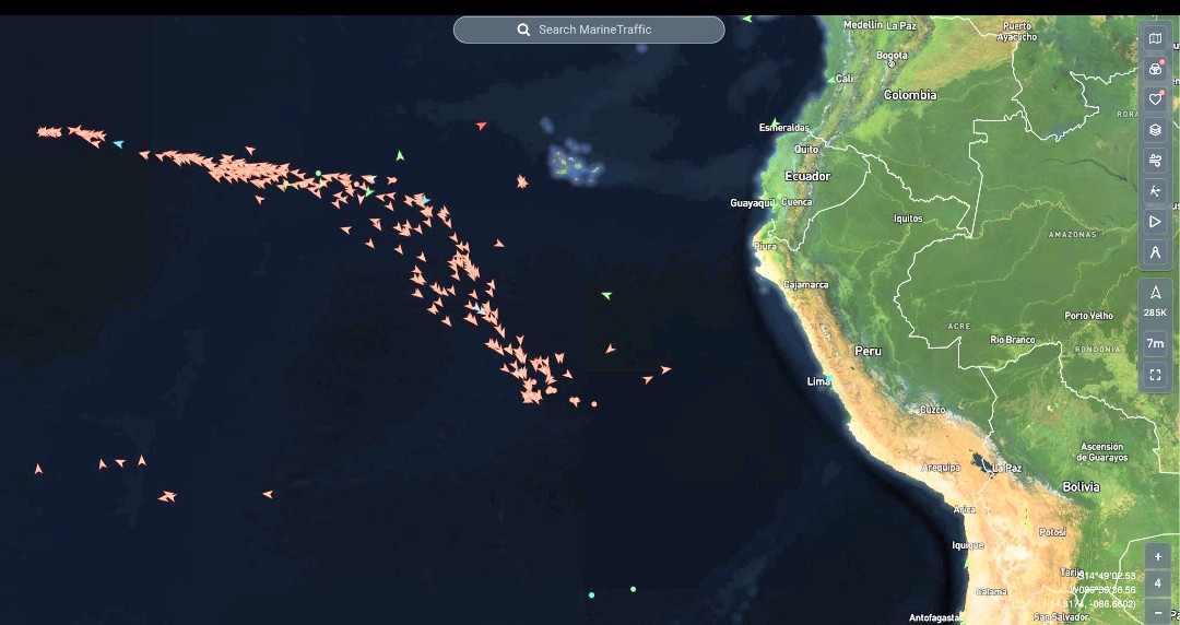 RobertoVieiraP's tweet photo. #FlotaChinaFrenteAlPeru 
Flota Pesquera China (500 Barcos ) se desplaza frente a las costas del Perú . Muralla China que impide que los cardumenes se acerquen a la costa Peruana perjudicando a los pescadores Peruanos.  Abuso total. https://t.co/8LJCFlKODF