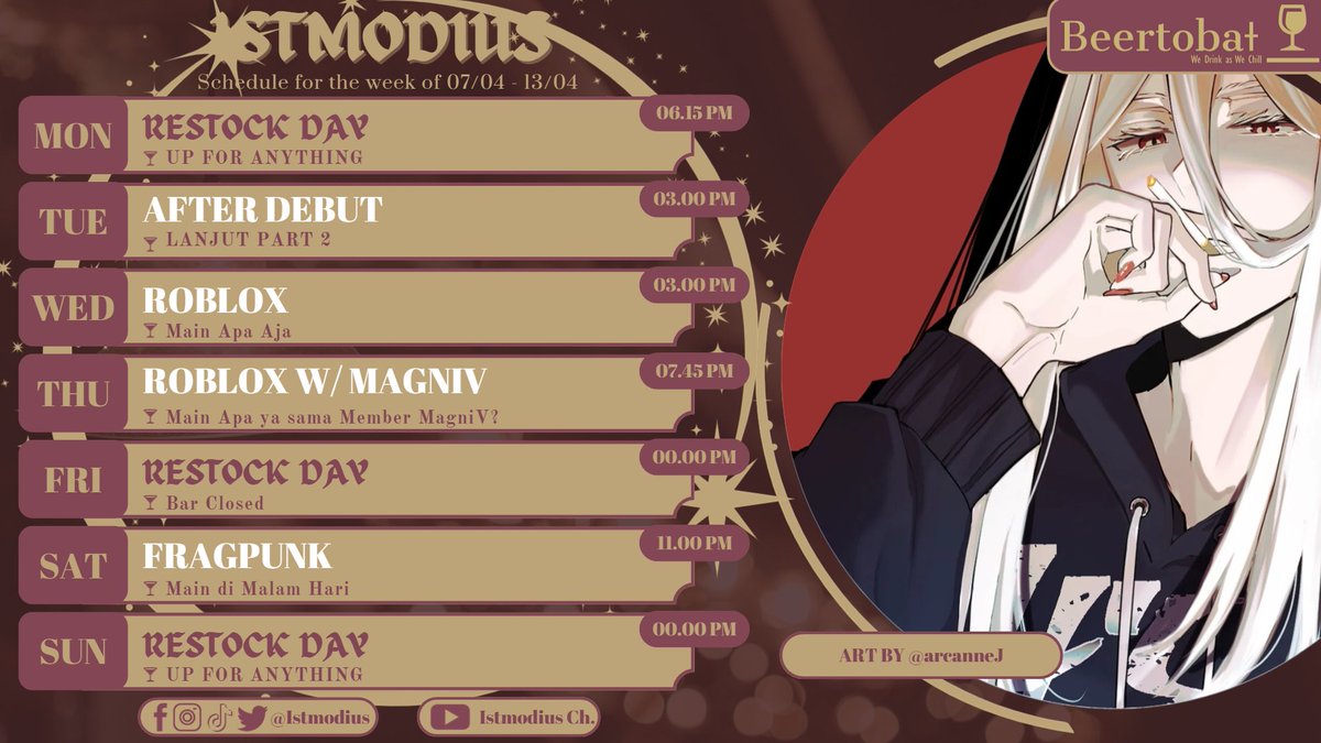istmodius's tweet photo. 【WEEKLY SCHEDULE】 07/04/2025 - 13/04/2025
Kok ada Schedule?!
TAGS :
General : #ISTMODIUS
Art : #ARTMODIUS
Live : #MODIUSONAIR
Fan Name : #ISTMODICULT
Clip : #MoClip
#Vtuber #VtuberID #MagniV https://t.co/T1YbWkebwC