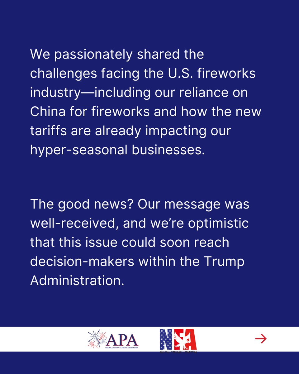 APABethesda's tweet photo. Today, the APA and NFA had a productive meeting with the White House Office of Public Liaison, where we shared the challenges facing the U.S. fireworks industry. From our reliance on China to the immediate impact of new tariffs, we made sure our concerns were heard loud and clear https://t.co/gWP29c47k2