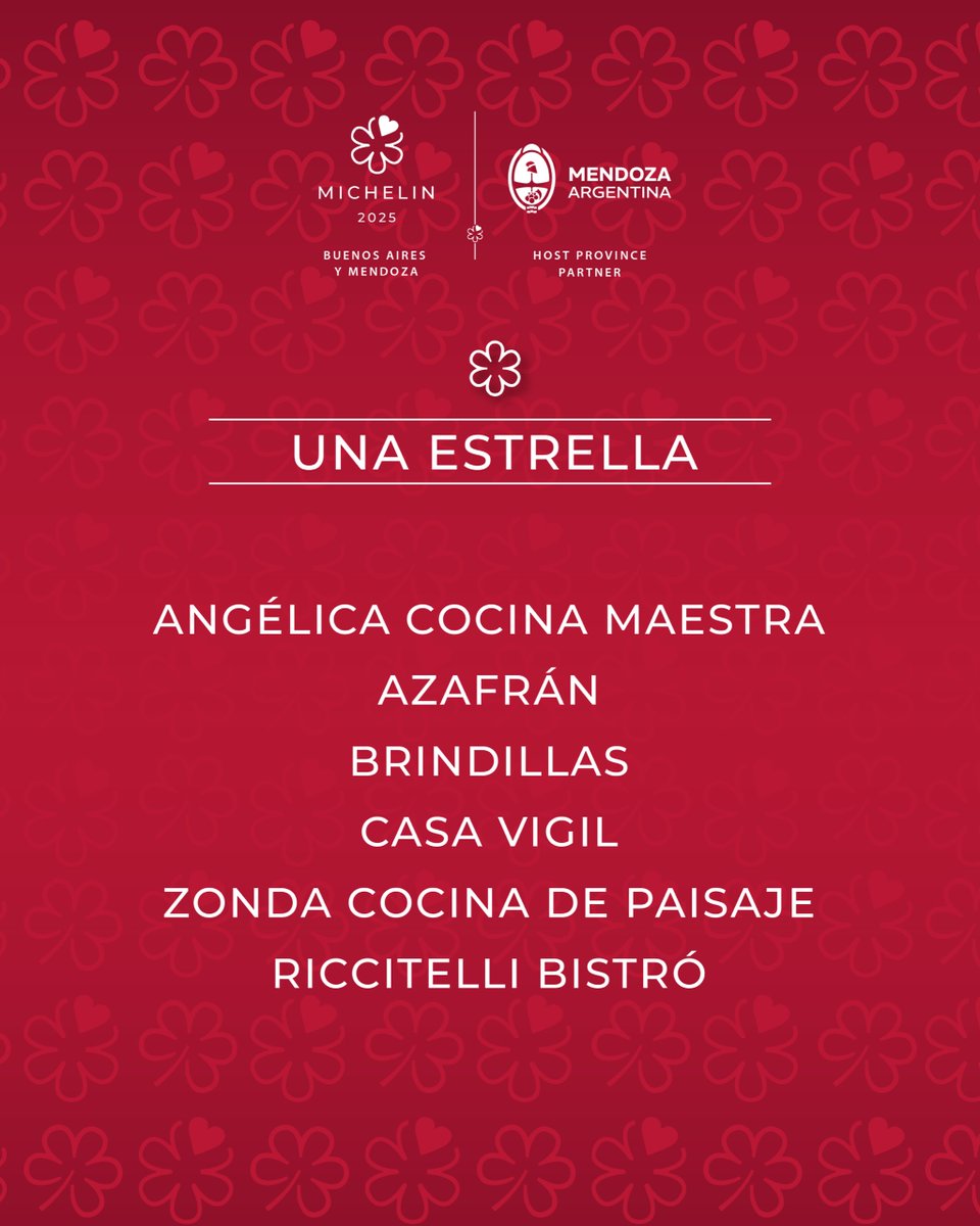 Los restaurantes con una estrella Michelin 2025 en Mendoza son 👇🏽
👉🏼 ANGÉLICA COCINA MAESTRA 
👉🏼 AZAFRÁN
👉🏼 BRINDILLAS CASA VIGIL
👉🏼 ZONDA COCINA DE PAISAJE
👉🏼RICCITELLI BISTRÓ
¡Gracias por hacer crecer la gastronomía mendocina en el mundo! 👏🏽
#MichelinEnMendoza #GuiaMichelinARG