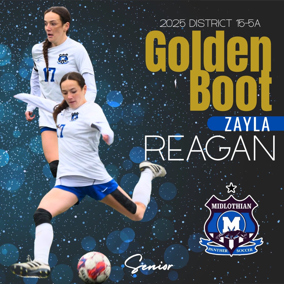 Congratulations <a href="/17zaylareagan/">Zayla Reagan</a> 👏👏👏
District 15-5A Golden Boot Award

Zayla finished the 24-25 season off with 37 goals and 9 assists. Averaging 1.7 goals per game! She ends her highschool career with 90 goals and 26 assists. Congrats on a terrific season! Ⓜ️🐾💙⚽️
