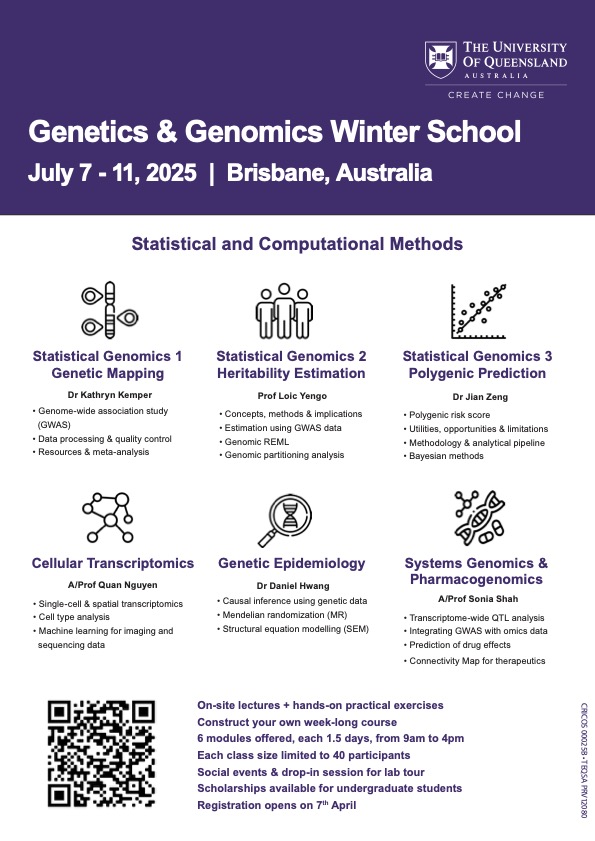 JianZengR's tweet image. Registration for our 2025 Genetics & Genomics Winter School is now open! hsu.imb.uq.edu.au/genetics-and-g…
Up to 80 positions available for this in-person course in Brisbane. Great opportunity to learn statistical and computational methods in genetics and genomics! #StatGen