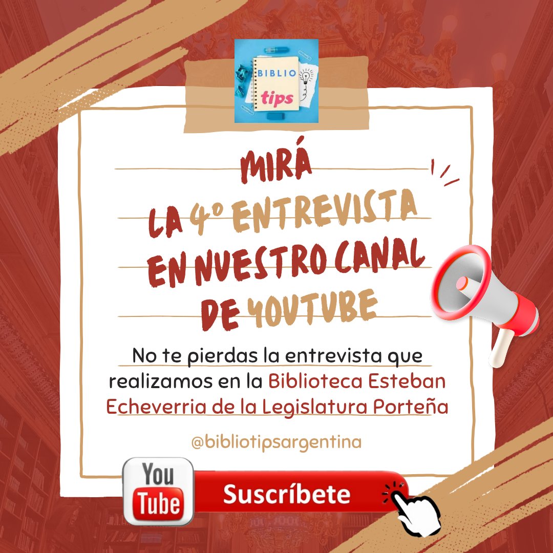 TipsBiblio's tweet photo. 📢 Mirá la 4ta #entrevista que realizamos en la Biblioteca Esteban Echeverría de la Legislatura Porteña a su directora María Eugenia Villa 
a quien agradecemos especialmente 

🔗Sumate a nuestro Canal de #YouTube
@bibliotipdargentina
https://t.co/8BhuAPZrss https://t.co/TQsZRoyNbG