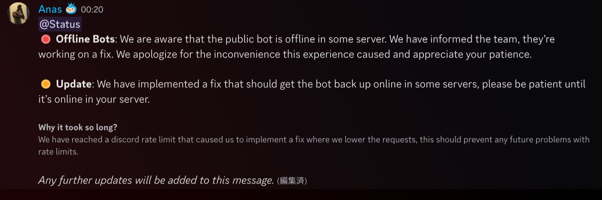 Gamesabanya's tweet photo. 🟡一部のサーバーでオンラインに戻りました。
今回の問題の原因はレートリミット。
#probot #Discord #status https://t.co/dQRSOz30tF