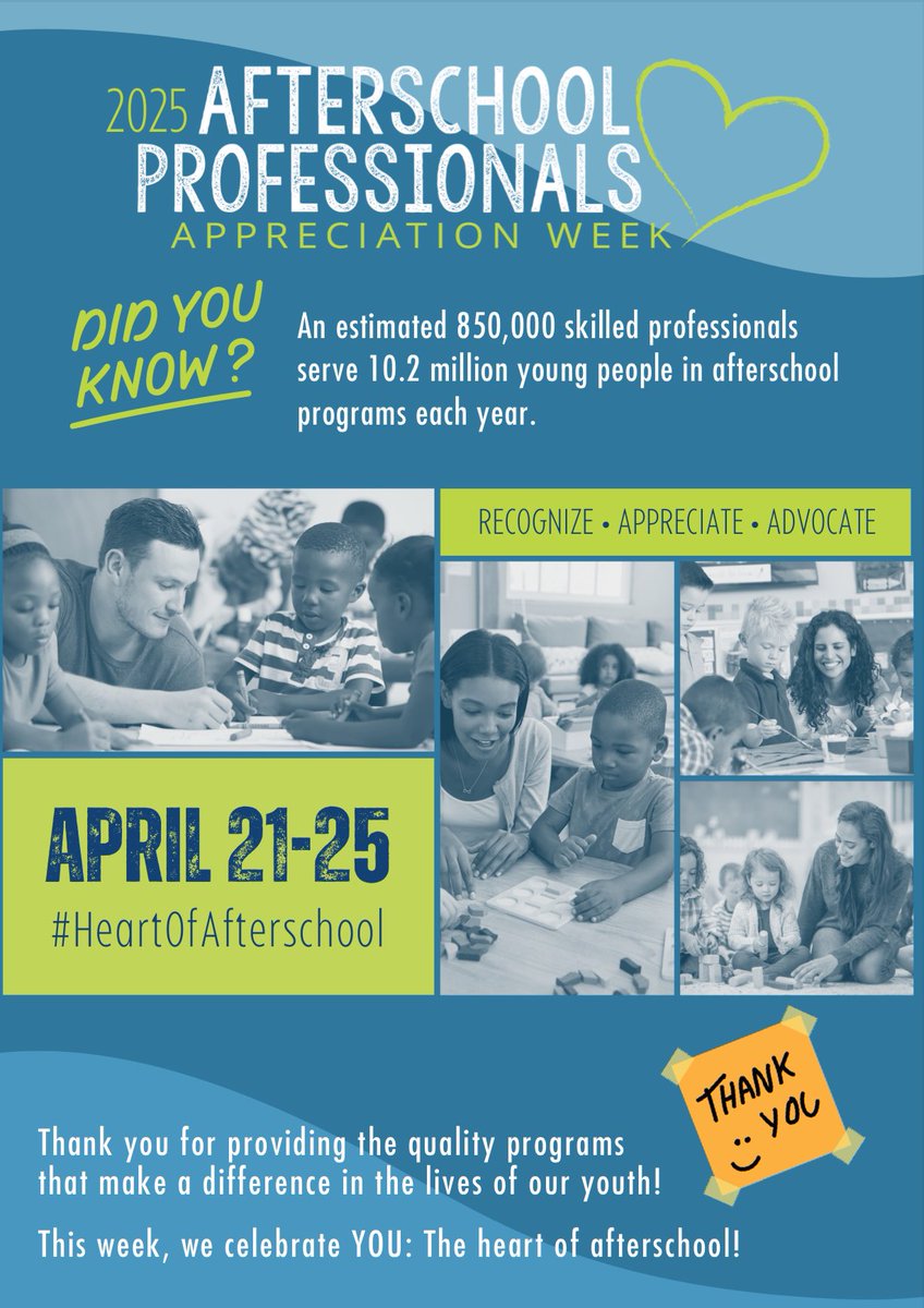 Get ready to celebrate Afterschool Professionals Appreciation Week <a href="/NatlAfterSchool/">NAA</a> 

Afterschool Professionals Appreciation Week (APAW) is a week dedicated to recognizing and appreciating the professionals who work with youth during out-of-school hours. naaweb.org/page/Afterscho…