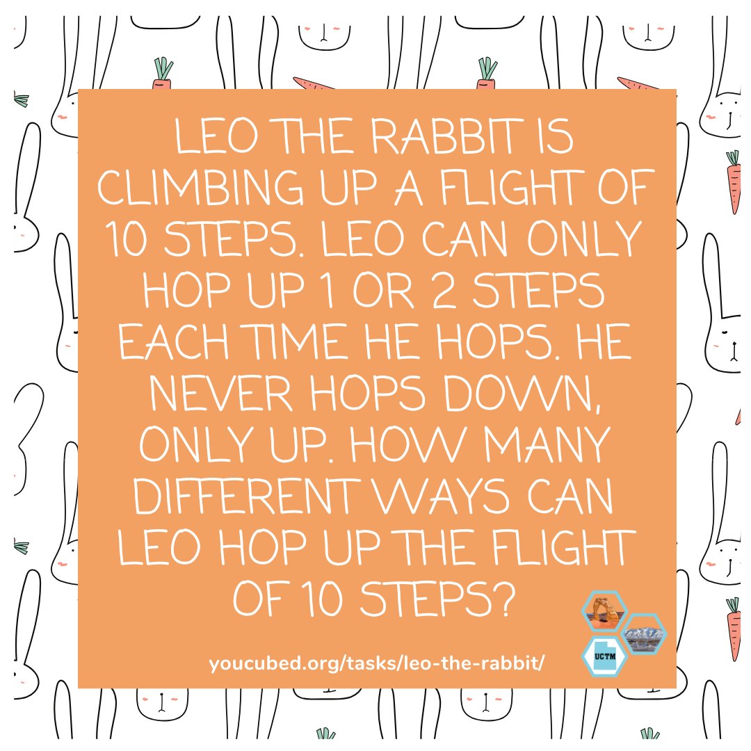 UCTM_math's tweet image. 🔢 How many different ways can Leo make it to the top?

🧠 Tag a friend and take on the challenge together!

🔗 Try it out here: youcubed.org/tasks/leo-the-…

#MathIsFun #MathChallenge #Youcubed #MathEducation #GrowthMindset #UCTM #RabbitMath