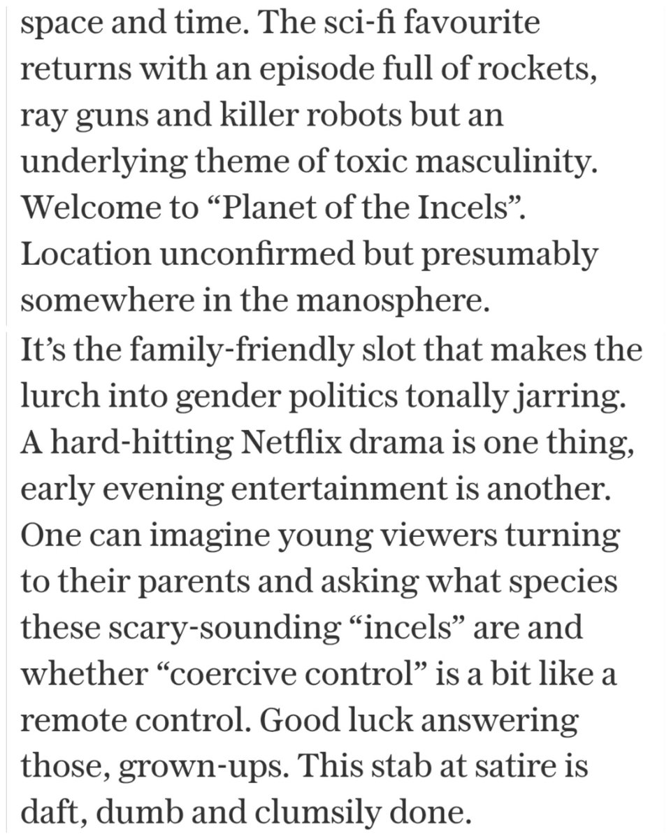 StarWhovian's tweet image. The opening episode of the new season of Doctor Who will be about toxic masculinity on "The Planet of the Incels" and have the new companion berate the Doctor for scanning her "without consent".
I'm not even joking 🤦♂️
Doctor Who is FINISHED.
#RIPDoctorWho